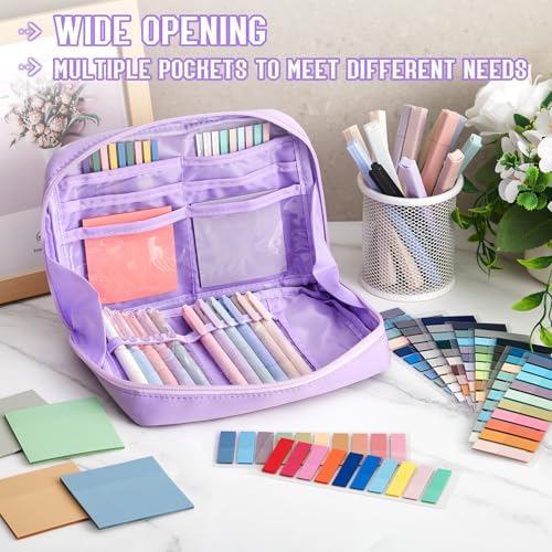 135 Pcs Book Annotation Kit Aesthetic Pencil Case Bag 12 Highlighter 11 Gel Pen 1 Marker 300 Sheet Transparent Sticky Notes Pad 2640 Index Stickers Bible Study Supplies(Kawaii,Purple)