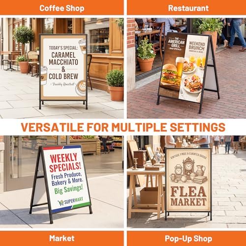 A-Frame Sidewalk Sign 22x28 Inch, Heavy Duty Metal A Frame Sign Holder, Double-Sided Folding Sandwich Board Sign, Slide-In Poster Design, Outdoor & Indoor Sidewalk Sign for Restaurants & Retail