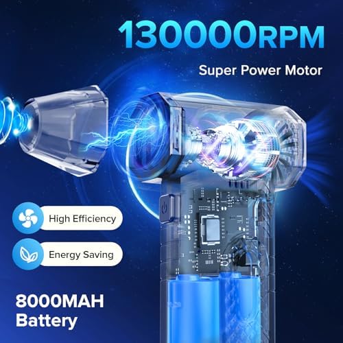 Compressed Air Duster, 8000mAh 130,000 RPM Keyboard Cleaner, Replace Compressed air can, Computer Accessories for Outdoors, PC, Electronics, Snow and Car Dust Off