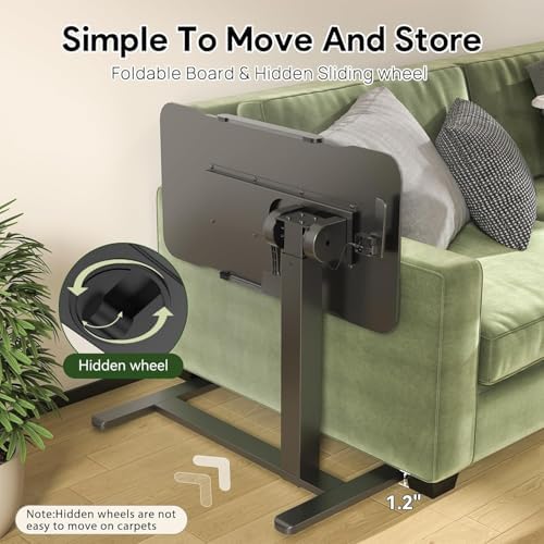 Mobile Standing Desk Adjustable Overbed Table, Pneumatic Height Adjustable Rolling Laptop Desk with Hidden Wheels, 0-180°Tilt Top Rolling Computer Cart Foldable for Home Office, Craft & Study, Black