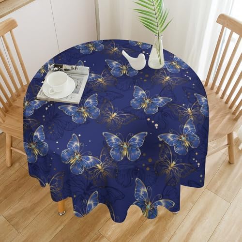Retro Blue Butterfly Tablecloth, Luxury Golden Blue Butterfly Print Table Cover for Home Dining Decor Kitchen Party Outdoor, 70x70in