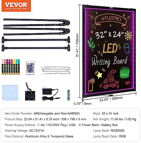 VEVOR 32"x24" LED Message Writing Board, Menu Sign Boards, Illuminated Erasable Lighted Chalkboard, Neon Effect Drawing Panel with 8 Fluorescent Chalk Markers and Remote Control