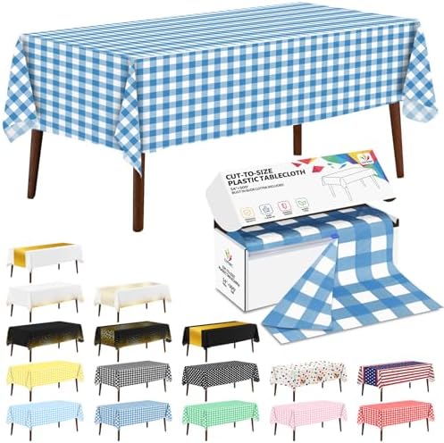 CXPSINC 54 Inch X 300 Feet Plastic Table Cover Roll Disposable Tablecloth with Slide Cutter for All Type/Shape Tables | Party, Banquet, Birthdays, Weddings(Blue Checkered, 300 Feet)