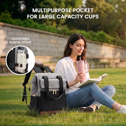 LOVEVOOK Laptop Backpack for Women with Giant Tumbler Holder, 15.6 Inch Work Laptop Bag with USB Port, Fashion Teacher Nurse Backpack Purse, Waterproof Travel Computer Backpack, 2PCS, Grey-Black