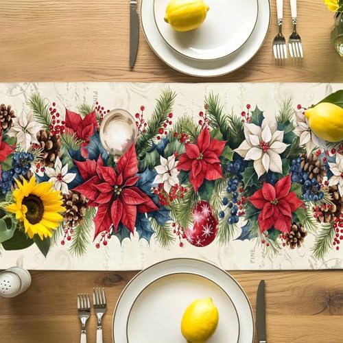 Christmas Poinsettia Table Runner Dresser Scarf 13 x 36 Inch Red Flower Holly Berries Xmas Ball Beige Table Runners Non-Slip Heat Resistant Kitchen Dining Table Decor for Home Holidays Indoor Outdoor