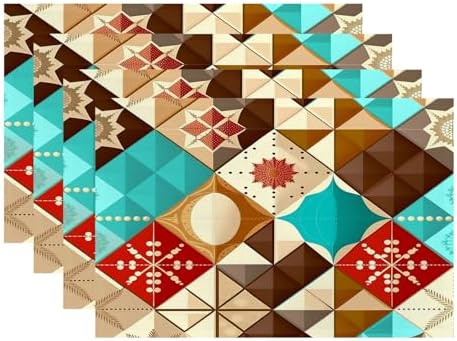 Batmerry Christmas Abstract Patchwork Linen Placemats Set of 4, New Year Winter Blue Geometric Washable Table Mats for Kitchen Table Thickened Heat Insulation Dining Set Indoor Outdoor 12X18 in