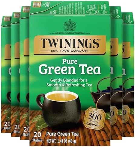Twinings Pure Green Tea, Caffeinated, Tea Bags, 20 CT Box (6 Pack)