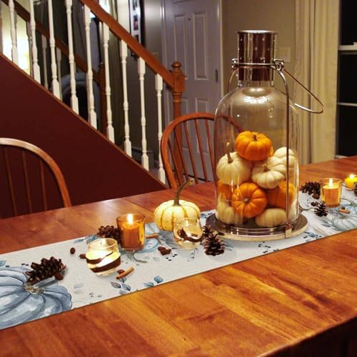 Fall Pumpkin Table Runner Dresser Scarf 13 x 70 Inch White Blue Leaves Rustic Table Runners Non-Slip Heat Resistant Kitchen Dining Table Decor for Autumn Thanksgiving Holidays Indoor Outdoor