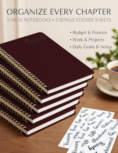 5 Pack Hardcover Spiral Notebooks, 8.3" x 6.3" Lined Journal Set, 100 GSM Bleed-Resistant Paper, 200 Pages Twin-Wire Bound Notebook with Elastic Band & Category Stickers for Office, School