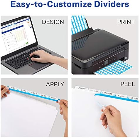 Avery 5 Tab Dividers for 3 Ring Binder, Easy Print & Apply Clear Label Strip, Index Maker Customizable White Tabs, 4-Pack of 50 Sets, 200 Sets Total (11556)