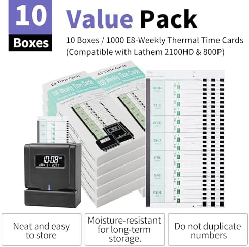 1000 E8 Weekly Thermal Time Cards, Compatible with Lathem 2100HD & 800P