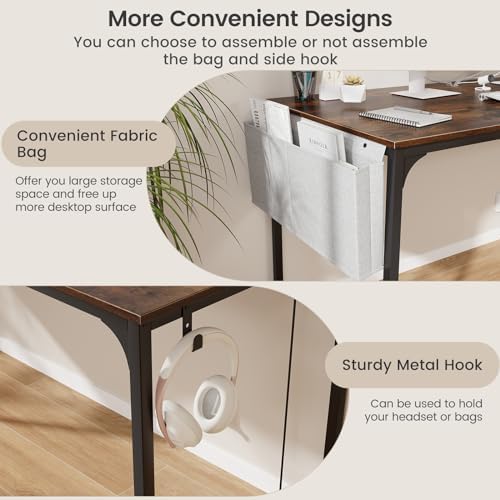 COSTWAY Home Office Desk, 32 Inch Computer Desk with Recessed Power Strip, Storage Bag & Headphone Hook, Wide Desktop, Modern Computer Workstation Writing Table for Home, Office (Rustic Brown + Black)
