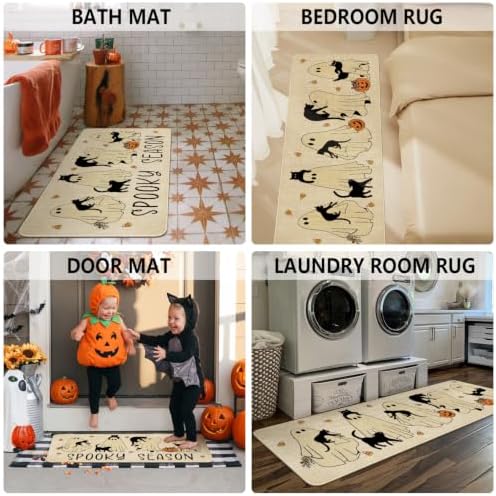 Ghost Black Cat Halloween Kitchen Rugs and Mats Set of 2, (17"x47"+17"x30") Gothic Cute Spooky Season Pumpkin Trick Or Treat Non Skid Washable Runner Rugs for Home Decor Decorations and Accessories
