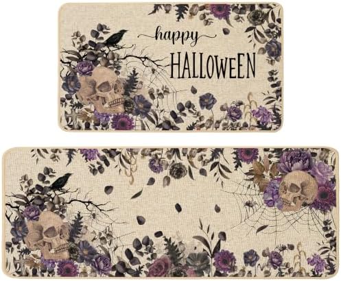 Baccessor Halloween Kitchen Mats Set of 2, Skull Gothic Purple Floral Kitchen Rugs for Floor Low-Profile Farmhouse Fall Halloween Party Home Decor 17x29 and 17x47 Inch