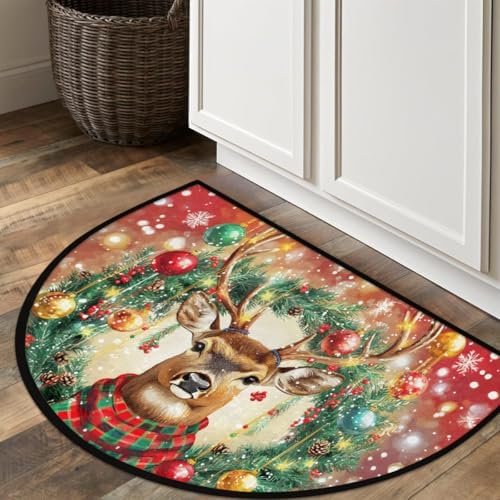 Christmas Snowflake Deer Half Round Door Mat, Non-Slip Welcome Indoor Entrance Way Rug Semi Circle Front Doormats Washable Bathroom Kitchen Floor Mat, Outdoor Rugs for Garage, Patio, Hearth Rug