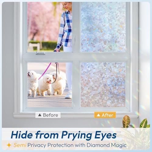 rabbitgoo Rainbow Window Privacy Film Decorative Stained Glass Diamond Pattern Window Sticker with Iridescent Tint Non-Adhesive Static Cling for Home Office Crystal Pattern, 35.4 x 118.1 inch