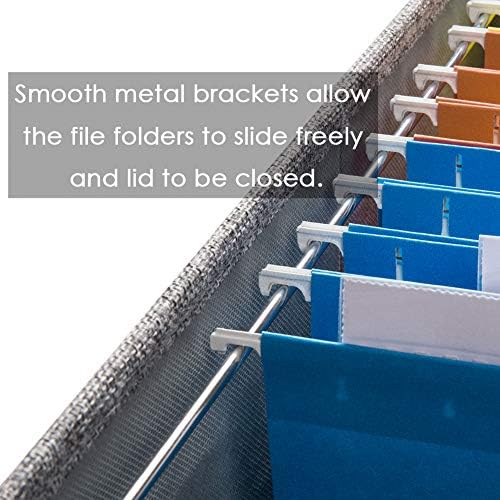 PRANDOM File Organizer Box - Set of 4 Collapsible Decorative Linen Filing Storage Hanging File Folders with Lids Office Cabinet Letter Size Grey (14x9.3x10.8 inch)