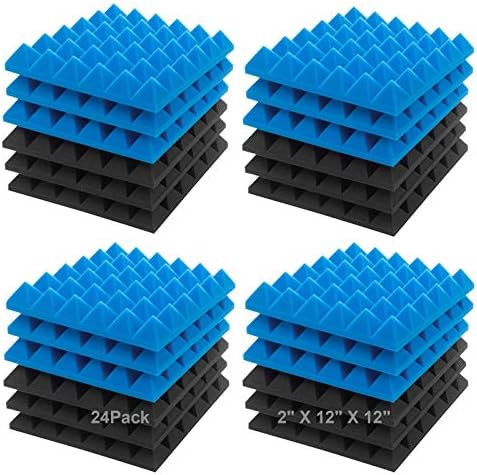 JBER Acoustic Sound Foam Panels, 24 Pack 2" X 12" X 12" Blue and Black Soundproofing Treatment Studio Wall Padding Sound Absorbing Fireproof Pyramid Acoustic Treatment…