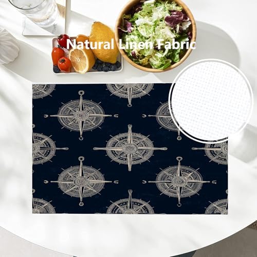 Batmerry Maritime Sailing Linen Placemats Set of 4, Oceanic Nautical Emblem Washable Table Mats for Kitchen Table Thickened Heat Insulation Dining Set Indoor Outdoor 12X18 in