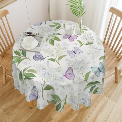 Butterfly Floral Tablecloth, Spring Summer Watercolor Flowers Plants Leaves Print Table Cover for Party Picnic Dinner Decor, 50x50in