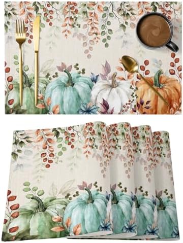 Fall Thanksgiving Placemats Set of 6, Autumn Pumpkins Eucalyptus Leaves Heat Resistant Washable Dining Table Mats Fall Holiday Farmhouse Decor for Kitchen&Linens Outdoor Indoor, Blue Sage Green Orange