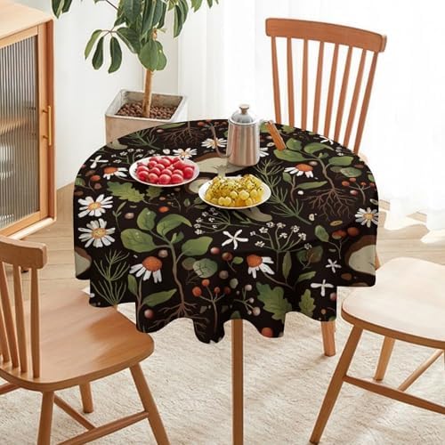 Wild Mushrooms Tablecloth, Rustic Chamomile Flowers Herbs Plants Retro Botanical Mushroom Natural Print Table Cover for Kitchen Dining Room Picnic Camping Indoor Outdoor, 70x70in