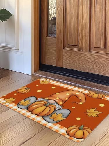 Fall Door Mat Pumpkin Gnome Doormat Maple Leaf Orange Buffalo Plaid Harvest Thanksgiving Welcome Mat Non Slip Rubber Entryway Front Rug Floor Mat for Indoor Outdoor Kitchen Autumn Holiday Decor 18x30