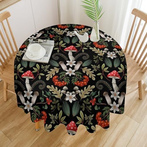 Autumn Mushroom Tablecloth, Rustic Vintage Farmhouse Mushrooms Fern Berries Leaves Botanical Print Table Cover for Outdoor Party Picnic Kitchen Dinning Table Decor, 70x70in
