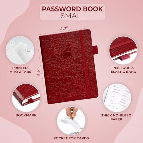Clever Fox Password Book with Alphabetical Tabs, 4"x5.5" Keeper Wine Red