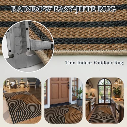 Lahome Modern Rainbow Easy Jute 3x5 Rug, Washable Indoor Outdoor Carpet for Entryway Farmhouse Patio Rug, Non Slip Indoor Door Mat Contemporary Throw Carpet for Porch Guestroom Room Decor