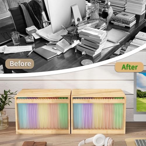 Bamboo Hanging File Organizer, Desktop File Box with Lids, 2 Pack, Natural | Removable Lid, Clear Acrylic Side Panels, 4 Hanging Folders Included, Helps Reduce Dust, Letter & Legal Size, Easy Assembly