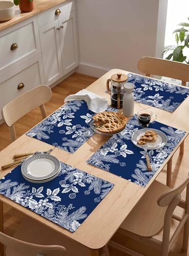 Blue Christmas Placemats Set of 4, Floral Pine Leaf Xmas Balls Heat Resistant Washable Table Place Mats White Winter Holidays Cotton Table Linens Party Holiday Decor for Kitchen Dining Outdoor Indoor