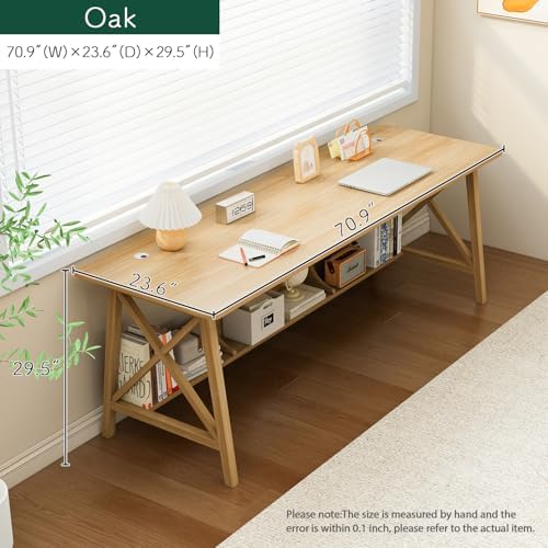 NELYE Extra Long Writing Desk with Bookshelf, 71" Wx24 Dx30 H, Oak