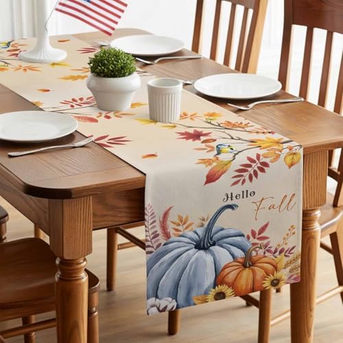 Fall Table Runner Hello Fall Pumpkin Table Runners Harvest Thanksgiving Maple Leaves Sunflower Bird Cotton Linen Dresser Scarf Kitchen Dining Table Decor for Autumn Holiday Party Coffee 13x72 Inch