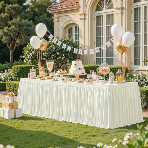 Wish Care 21ft Ivory Satin Long Table Skirt for Rectangle Tables Wrinkle Free Teacher Desk Skirt Glitter Ruffle Table Skirting Cloth for Back to School Classroom Office Birthday Party Table Decor