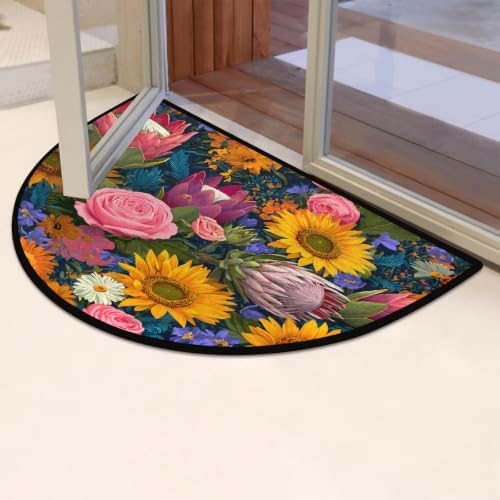 Sunflower Rose Half Round Door Mat Non Slip Washable Semi Circle Area Rug Absorbent Soft Half Moon Rug Floor Mat for Indoor Outdoor Kitchen Bathroom Patio Front Door Mat Decor