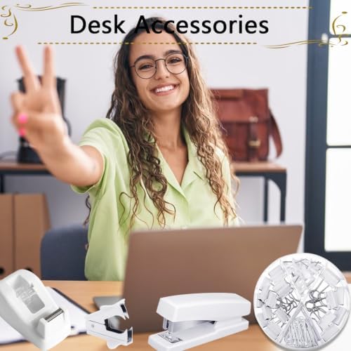Office Supplies,White Desk Accessories,Stapler and Tape Dispenser Set for Women with Stapler,Tape Dispenser,Staple Remover,Staples,Clips,Scissors and Tabs,Gift for Students,Coworkers,Teacher,Business