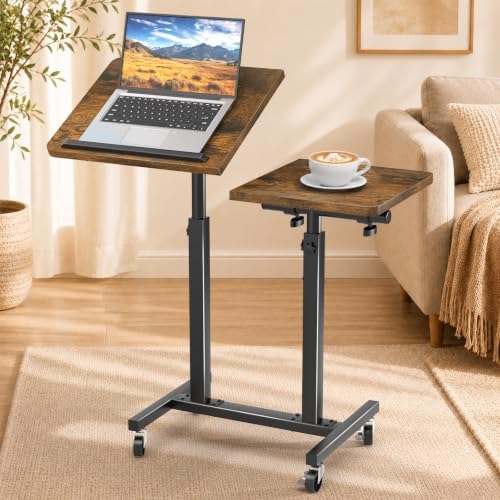 Elowen Rolling Laptop Desk with Wheels, Double-Pole Portable Overbed Table