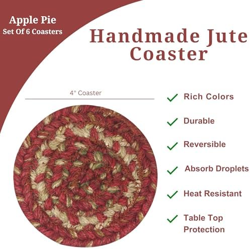 Homespice Apple Pie Braided Coasters for Country Decor, Round 4" Set of 6