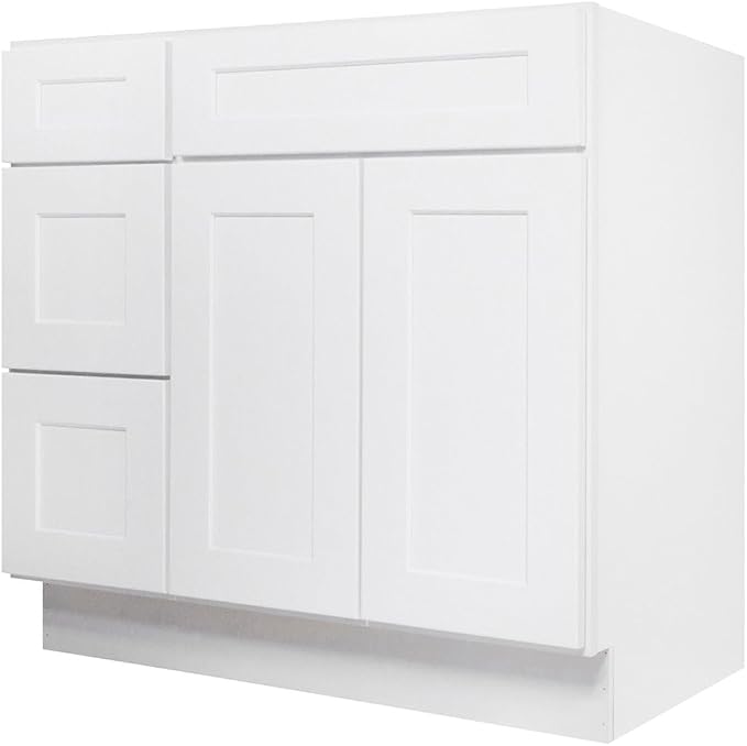 Furinno Shaker Left 3-Drawers Bath Vanity Cabinet, 2-Door, White | 21 D x 36 W x 34.5 H, Adjustable Hinges, Soft-Close Shaker-Style Door, Ready to Assemble, Plywood, for Bathroom, Washroom