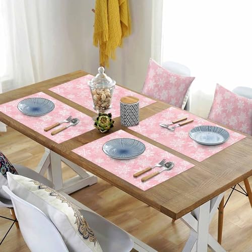 Christmas Placemat 1PC, Pink White Snowflakes Pattern Heat Resistant Washable Table Place Mats Winter Cotton Table Linens Party Holiday Decor for Kitchen Dining Outdoor Indoor