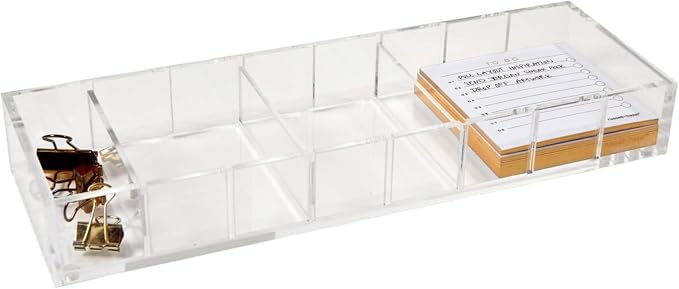 russell+hazel Acrylic Desk Organizer Tray with 3 Dividers, Clear | Sorts clips, push pins & makeup with three movable dividers. Clear polished-edge acrylic suits a countertop or desk drawer.