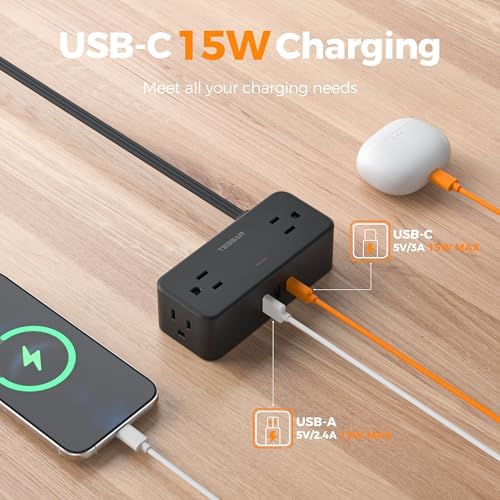 TESSAN Extension Cord 10 FT, Power Strip with 900J Surge Protection, Black