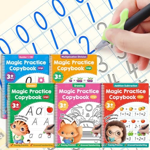 D-FantiX Large Magic Grooved Practice Copybook 5 Pack with Pens & Magic Grooved Writing Practice for Kids Age 3-5