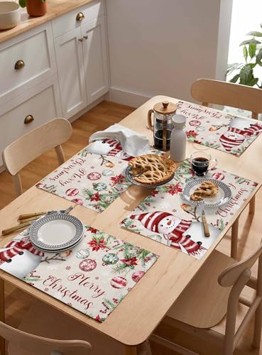 Merry Christmas Placemats Set of 4, Cotton Linen Snowman Table Mats Non-Slip Washable Snowflake Christmas Tree Balls Poinsettia Flower Retro Placemat for Holiday Banquet Dining Kitchen Table Decor