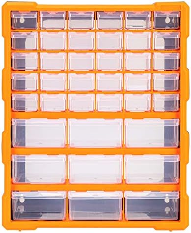 Amazon Basics Wall Mount Hardware and Craft Storage Cabinet Organizer with 39 Drawers, Plastic Garage Organization System with Dividers for Small Parts, Black, Orange, 15" x 6.3" x 18.6"