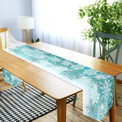 Double-Sided Silver Winter Teal Turquoise Snowflakes Christmas Table Runner 18x72 Inches Long,Table Cloth Runner for Wedding Birthday Party Kitchen Dining Home Everyday Decor