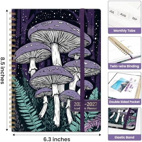 Planner 2026-2027, Jul 2026-Jun 2027 Academic Monthly & Weekly Planner | 6.3" x 8.5" Hardcover Pretty Calendar Planner for Women, Spiral Organizer for School Office Home Supplies, Enchanted Fungi