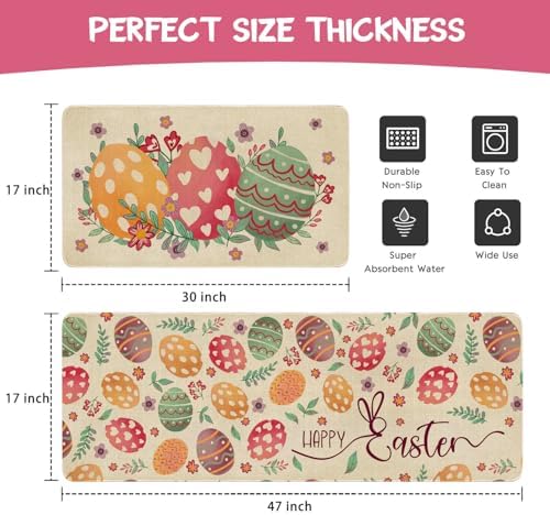 Happy Easter Kitchen Rugs and Mats Set of 2,Spring Eggs Flowers Floral Farmhouse Non Slip Washable Floor Sink Mats Decorations for Home Kitchen 18"x48"+18"x30"