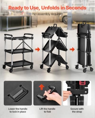 VEVOR 3 Shelf Heavy Duty Folding Jobsite Cart, 3 Tier Rolling Cart with Side Tool Holder & 360° Swivel Wheels (2 Brakes), 300 LBS Folding Utility Cart, Tool Storage for Garage Warehouse Workshop